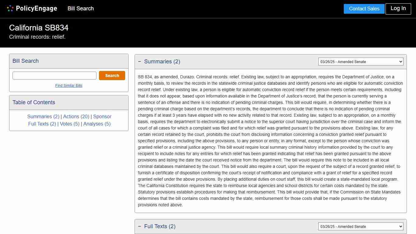 SB834 California 2025-2026 Criminal records: relief. - Legislative Tracking PolicyEngage