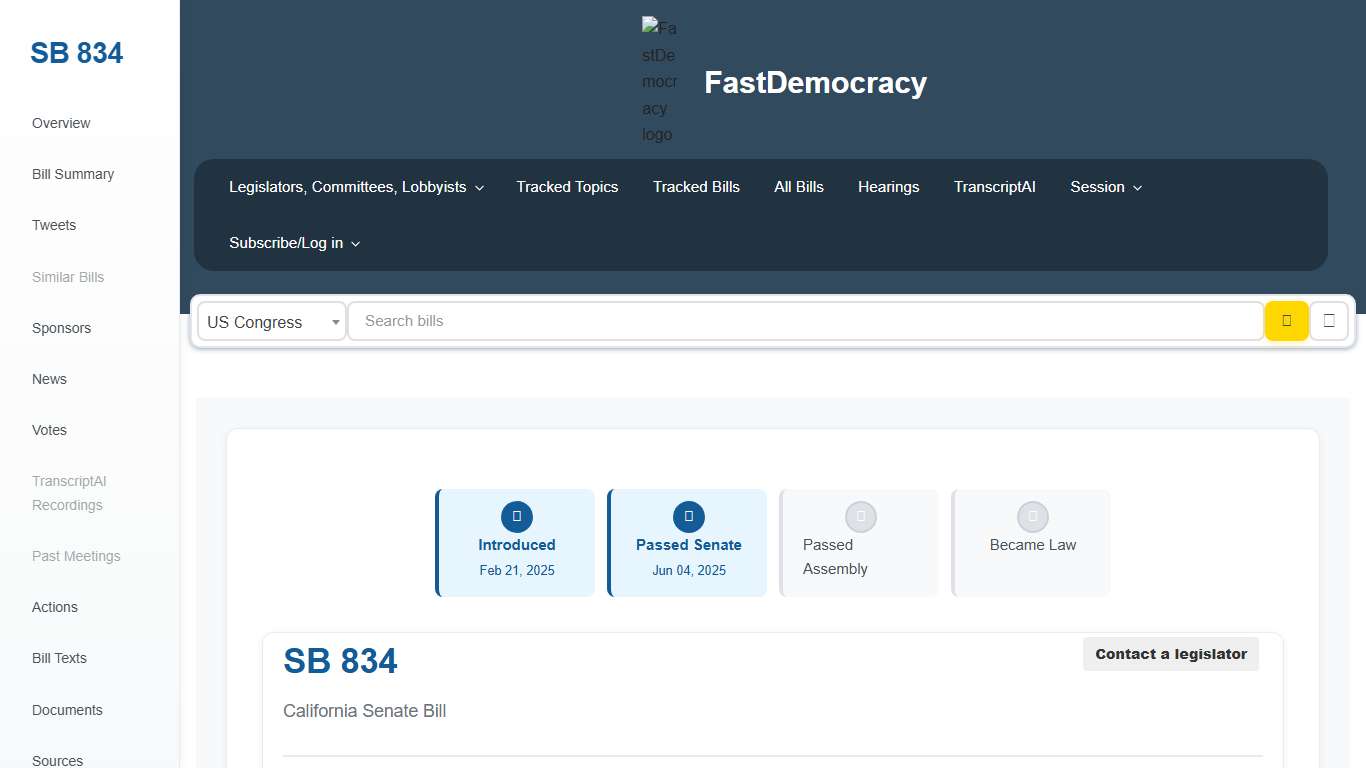 Bill tracking in California - SB 834 (2025-2026 legislative session) - FastDemocracy