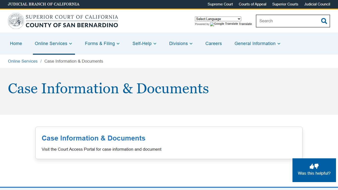 Case Information & Documents Superior Court of California County of San Bernardino